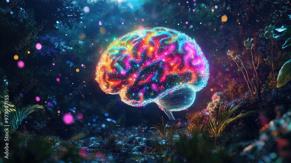 Abstract digital brain glowing with bright lights and surrounded by colorful patterns, set against a vivid nature-inspired abstract art wallpaper Abstract digital brain glowing with bright lights and surrounded by colorful patterns, set against a vivid nature-inspired abstract art wallpaper