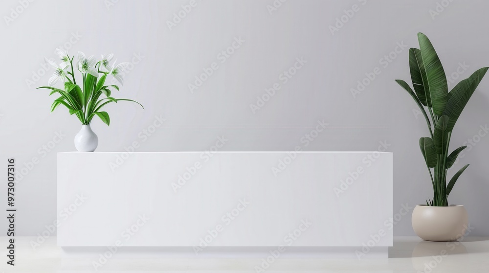 Minimalist interior with white cabinet and green plants. A vase of white flowers on a cabinet next to a potted plant against a gray wall. Minimalist interior with white cabinet and green plants. A vase of white flowers on a cabinet next to a potted plant against a gray wall.