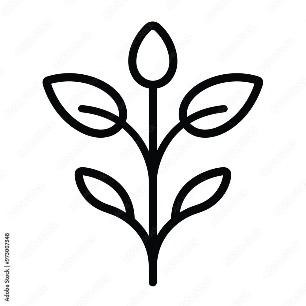 Minimalist black outline drawing of a budding plant with leaves. Minimalist black outline drawing of a budding plant with leaves.