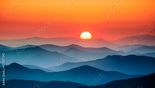 Colorful abstract layered mountain landscape with orange sun