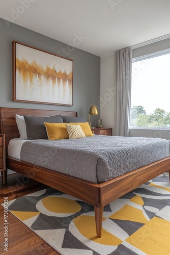 A mid-century modern interior in a white-walled bedroom with an art frame hanging from it. Generative AI