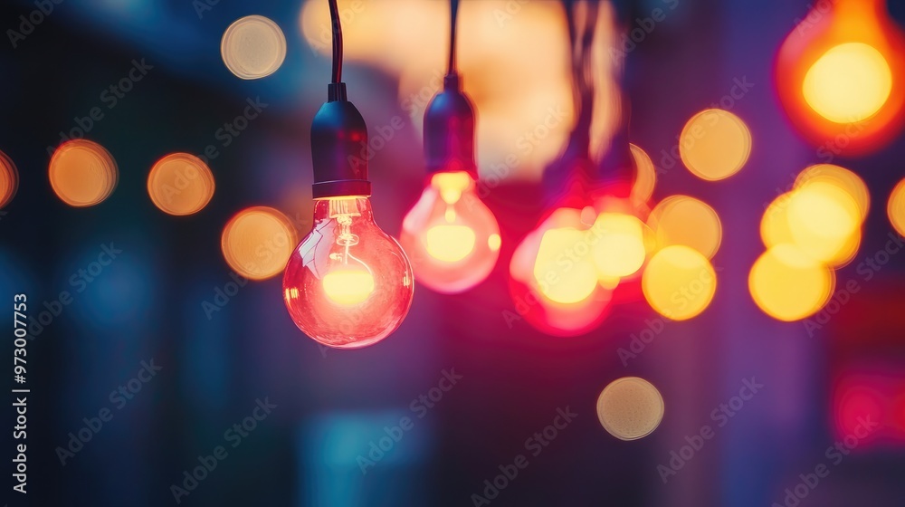 A close up of several incandescent light bulbs hanging from a wire, illuminating with a warm glow against a blurry background of colorful bokeh lights. A close up of several incandescent light bulbs hanging from a wire, illuminating with a warm glow against a blurry background of colorful bokeh lights.