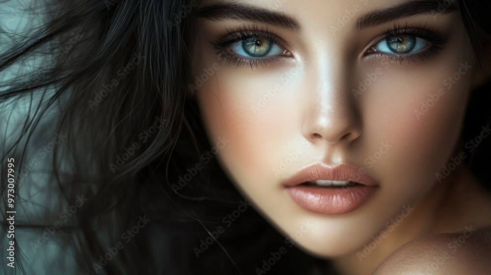 A close-up of a woman with deep, captivating eyes, soft lips, and flawless skin, framed by her dark, flowing hair. Her face is serene and strikingly beautiful. A close-up of a woman with deep, captivating eyes, soft lips, and flawless skin, framed by her dark, flowing hair. Her face is serene and strikingly beautiful.