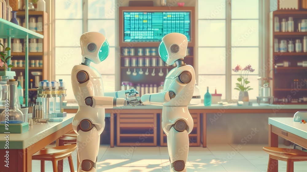Two humanoid robots collaborate in a bright, advanced laboratory with ...