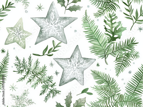 A seamless pattern featuring green ferns, holly leaves, and decorative stars, creating festive and natural ambiance perfect for holiday designs