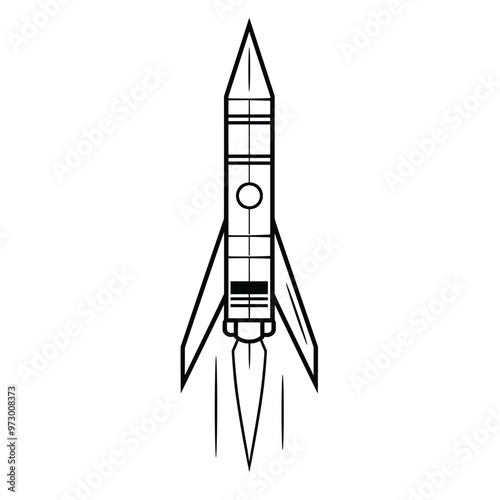 Black and white line drawing of a rocket taking off with flames.