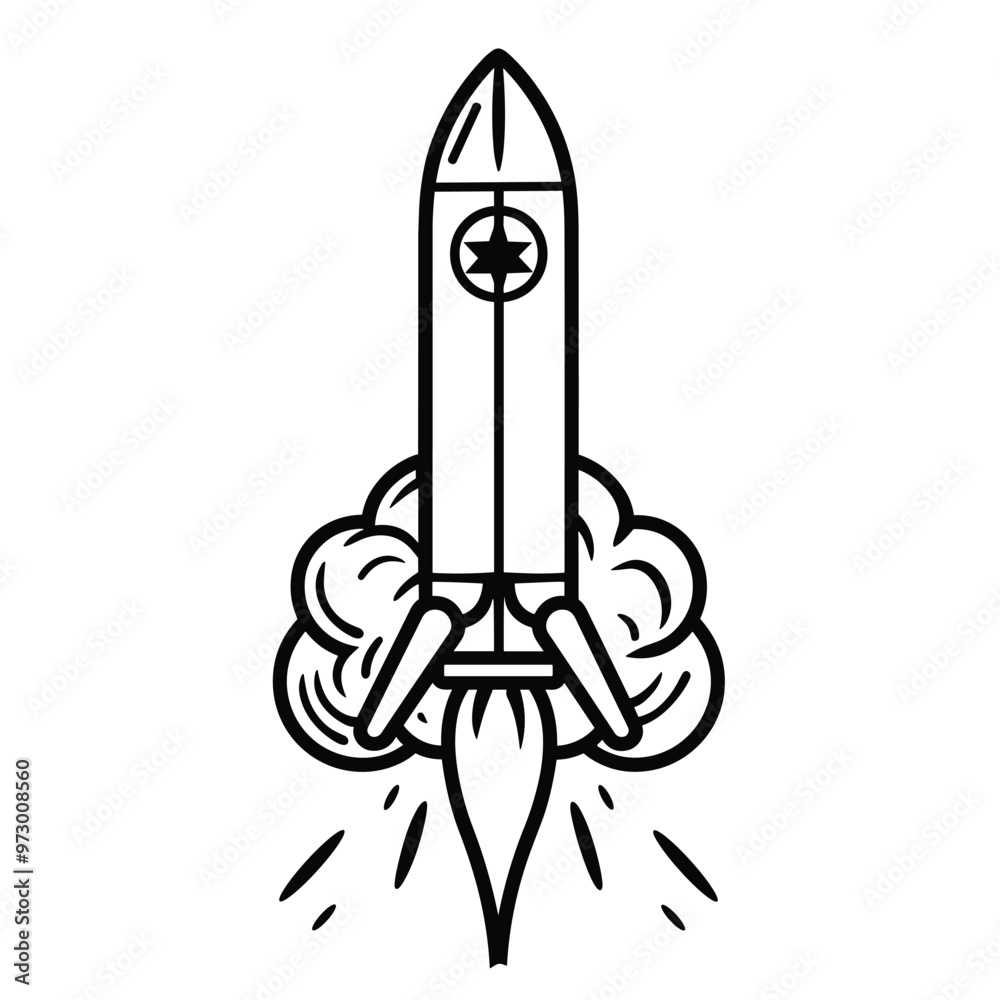 Black and white illustration of a rocket launching with flames and smoke. Black and white illustration of a rocket launching with flames and smoke.