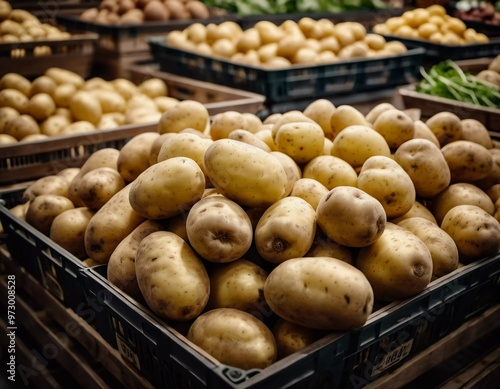 A supermarket features a vibrant display of fresh potatoes piled high, surrounded by other produce. Shoppers browse nearby, enjoying the variety available. Generative AI