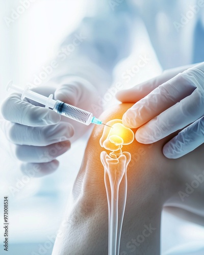 Middle-aged man doctor treating knee of the female patient by method of injection in doctor's cabinet.