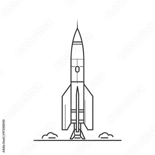 Minimalist line drawing of a rocket launching into space, depicted in black and white.