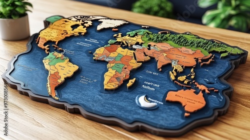 A colorful wooden map of the world displayed on a table, showcasing countries and regions in artistic detail. photo