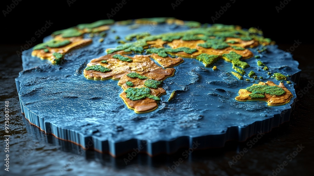 A detailed 3D world map depiction showcasing continents and oceans in vibrant colors, perfect for educational use. A detailed 3D world map depiction showcasing continents and oceans in vibrant colors, perfect for educational use.