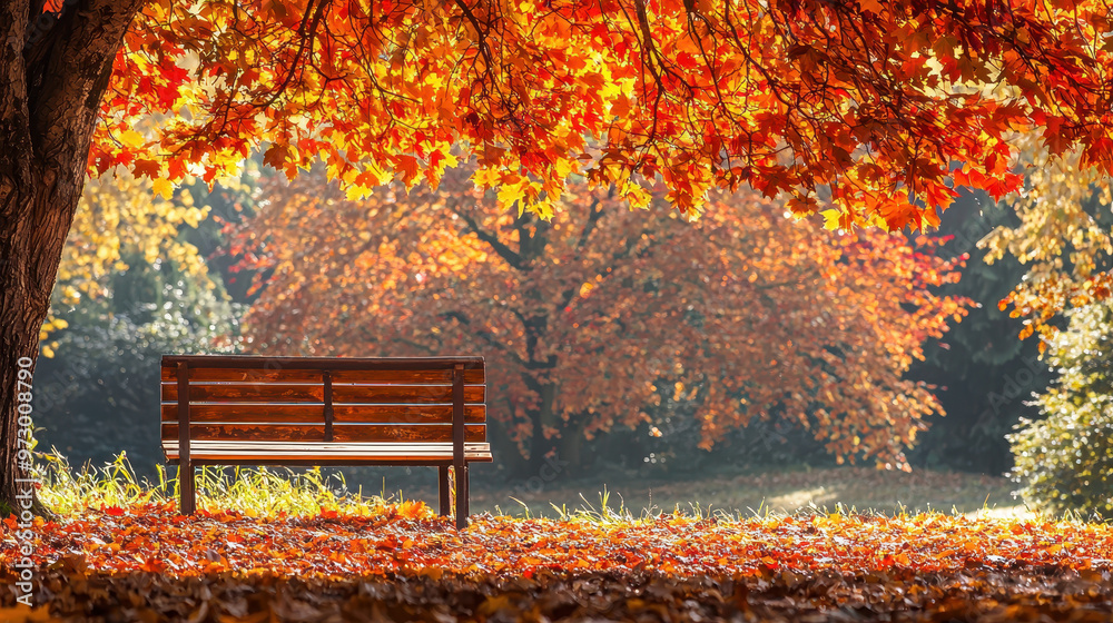 Cozy wooden bench beneath vibrant autumn foliage, surrounded by colorful leaves and a serene park setting Cozy wooden bench beneath vibrant autumn foliage, surrounded by colorful leaves and a serene park setting