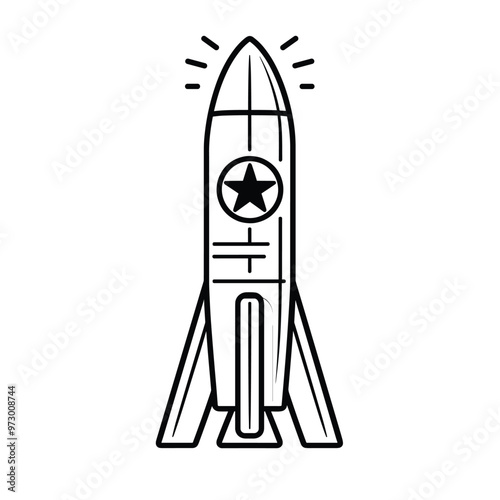 Black and white illustration of a rocket with a star symbol, ready for launch.