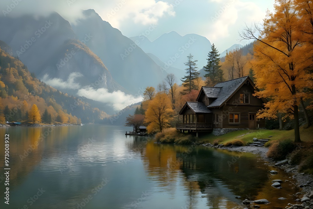 Fototapeta premium Autumn landscape with cozy wooden house by the calm lake surrounded by mountains