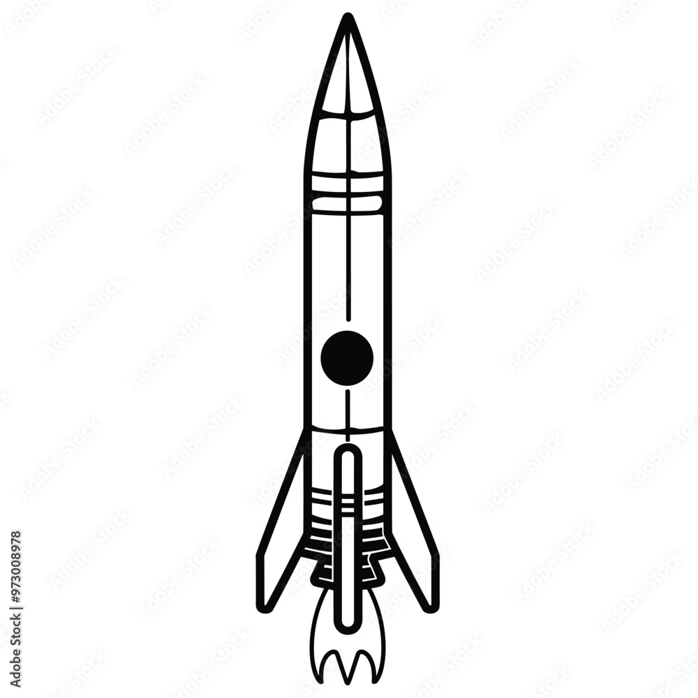Black and white illustration of a rocket with fins and engine detailing, in a simplistic, line-drawing style. Black and white illustration of a rocket with fins and engine detailing, in a simplistic, line-drawing style.