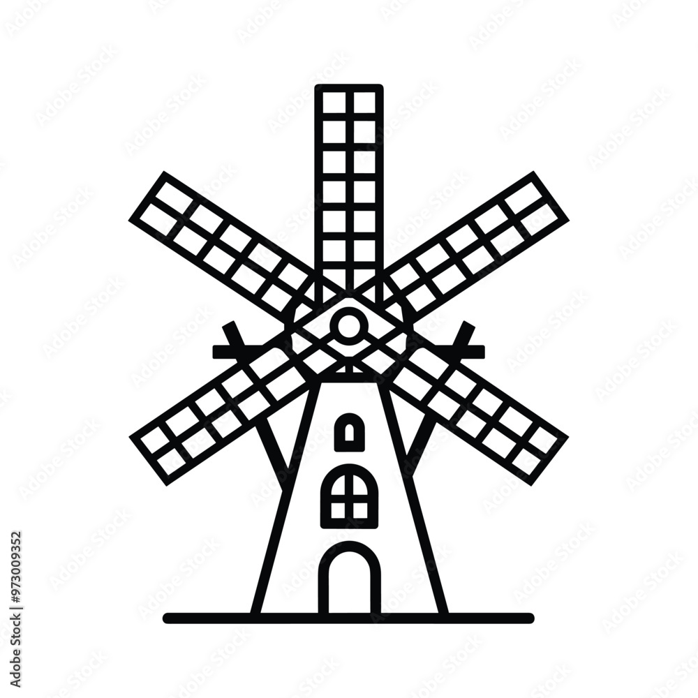 Black and white illustration of a traditional windmill with detailed blades and a door. Black and white illustration of a traditional windmill with detailed blades and a door.