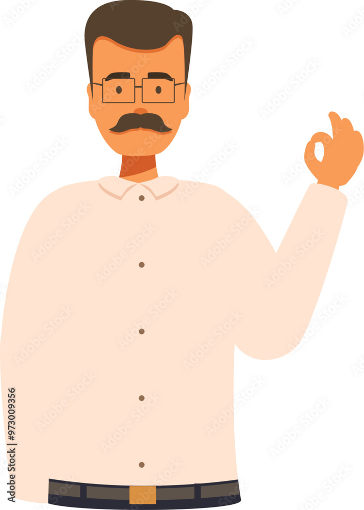 Fototapeta premium Male teacher character wearing eyeglasses and shirt making ok gesture with hand, positive gesture, like sign, agreement, approval concept