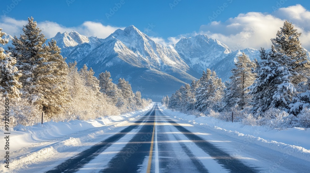 Straight Road Leading to Snowy Mountains Under Clear Blue Skies Straight Road Leading to Snowy Mountains Under Clear Blue Skies