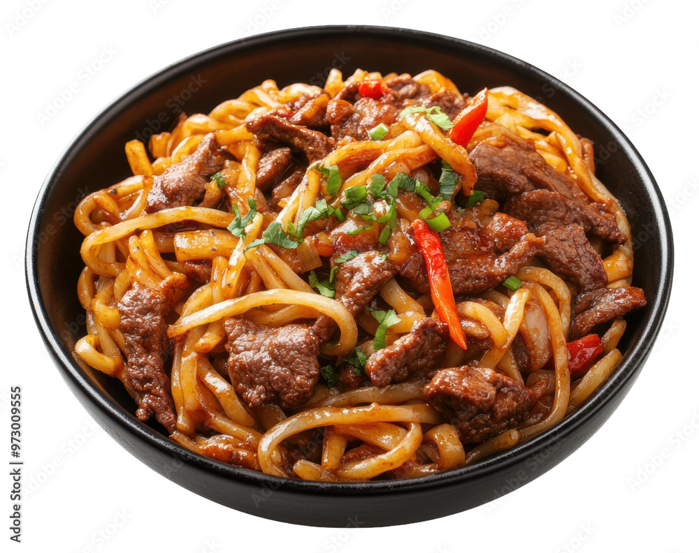 PNG Delicious stir-fried beef noodles served in a bowl PNG Delicious stir-fried beef noodles served in a bowl