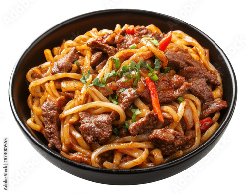 PNG Delicious stir-fried beef noodles served in a bowl