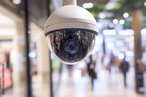 Modern Surveillance Camera Overseeing Busy Shopping Mall Interior