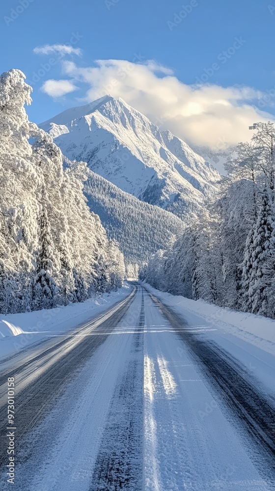 Straight Road Leading to Snowy Mountains Under Clear Blue Skies Straight Road Leading to Snowy Mountains Under Clear Blue Skies