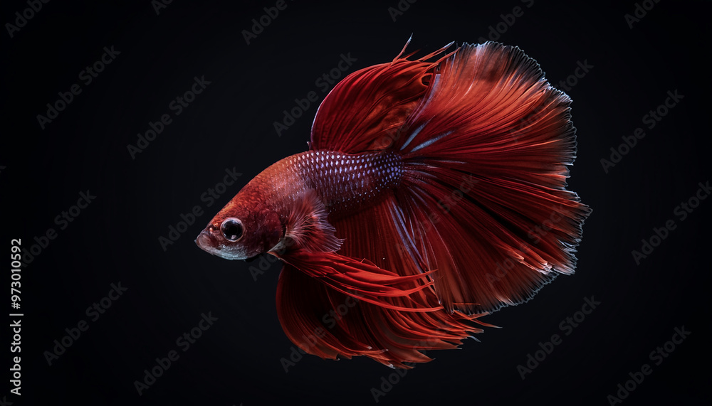 charming and elegant red betta fish isolated on dark black background charming and elegant red betta fish isolated on dark black background