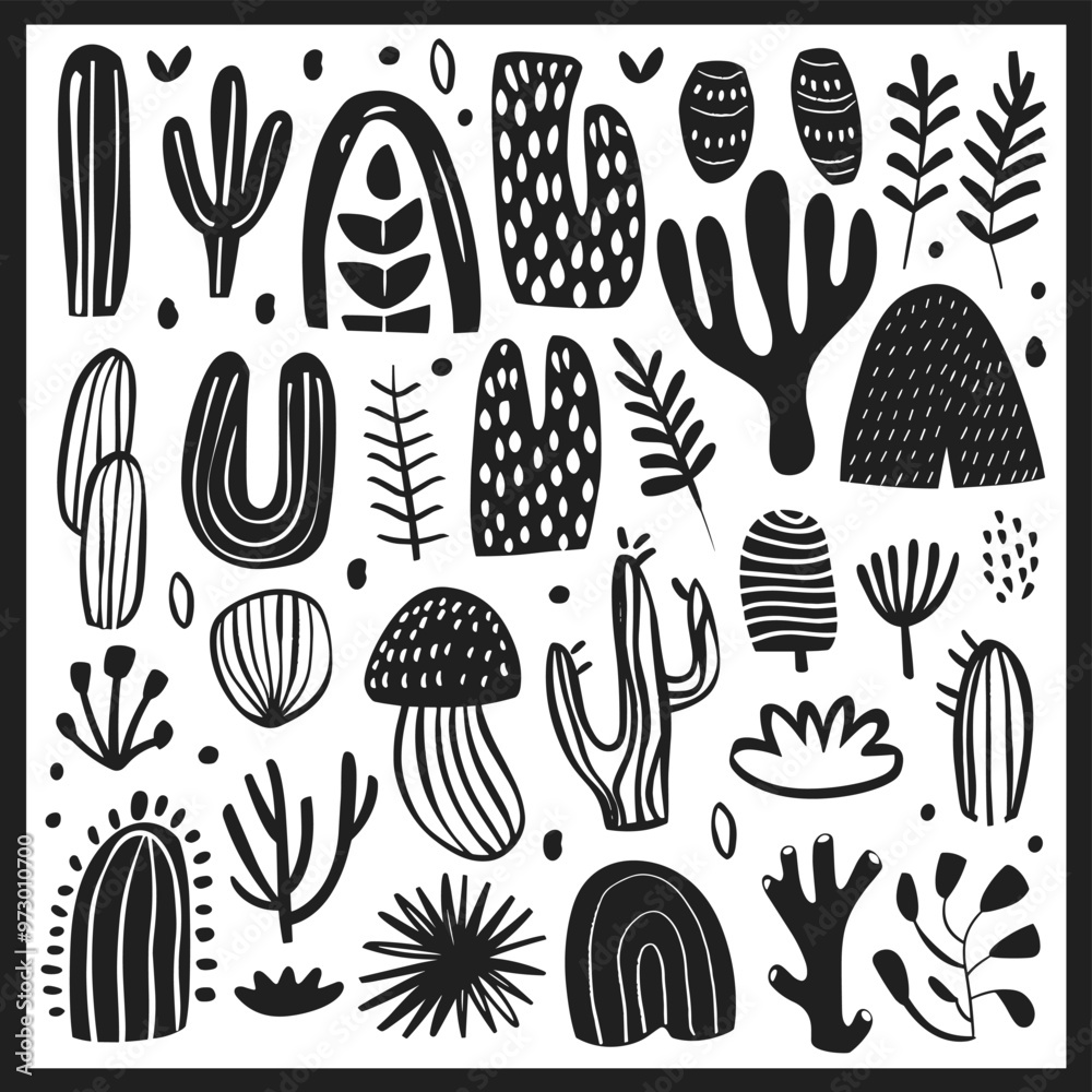 Abstract black and white illustration of various plant forms and patterns. Abstract black and white illustration of various plant forms and patterns.