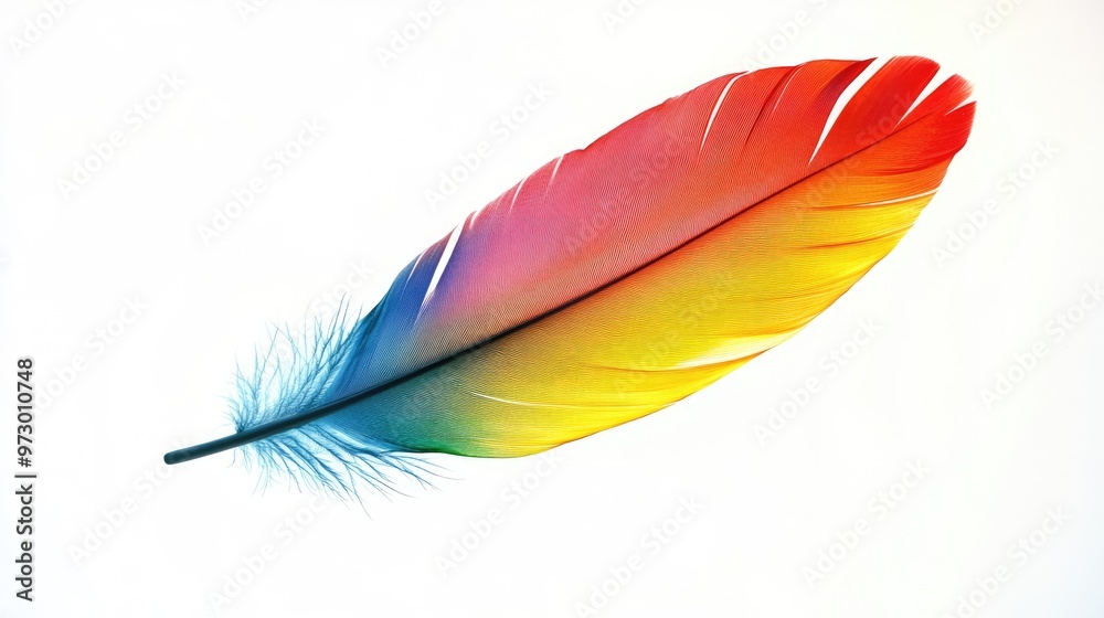 Bright, colorful parrot feather floating against a white background with plenty of space for text, capturing the beauty of nature in vibrant hues.