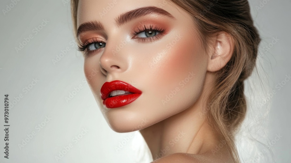 A close-up shot of a woman with flawless makeup, featuring bold red lipstick, perfectly contoured cheeks, and smoky eye makeup, highlighting her elegant beauty. A close-up shot of a woman with flawless makeup, featuring bold red lipstick, perfectly contoured cheeks, and smoky eye makeup, highlighting her elegant beauty.