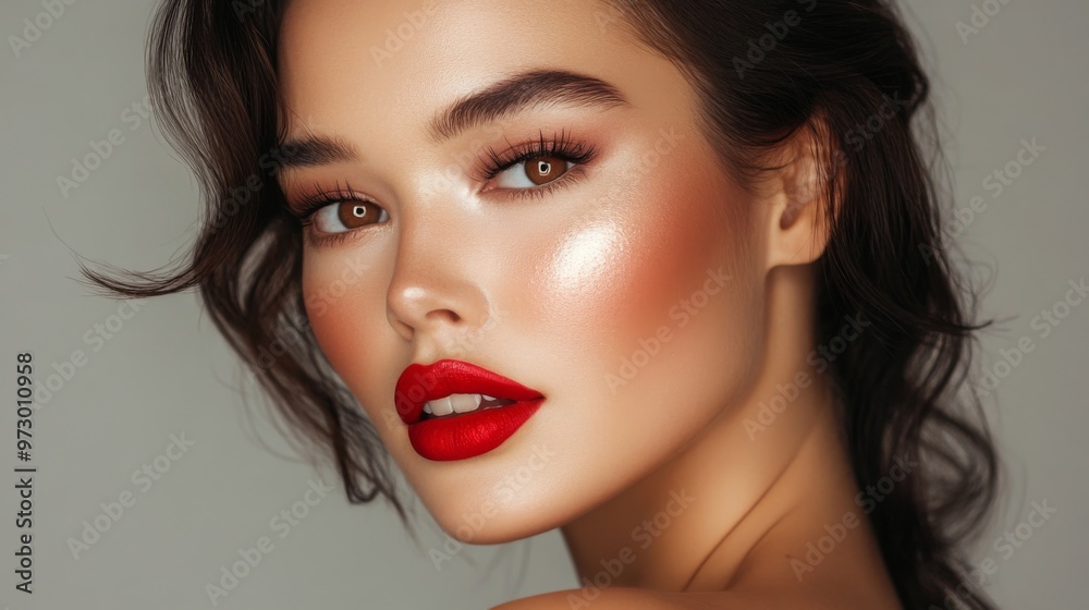 A close-up shot of a woman with flawless makeup, featuring bold red lipstick, perfectly contoured cheeks, and smoky eye makeup, highlighting her elegant beauty. A close-up shot of a woman with flawless makeup, featuring bold red lipstick, perfectly contoured cheeks, and smoky eye makeup, highlighting her elegant beauty.