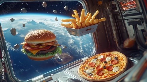Fototapeta Naklejka Na Ścianę i Meble -  A hamburger, pizza, and french fries floating inside a spaceship in outer space due to zero gravity. The food items are suspended in mid-air.