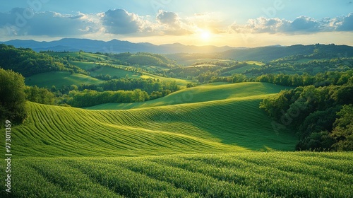 Lush green hills under a vibrant sunset sky.