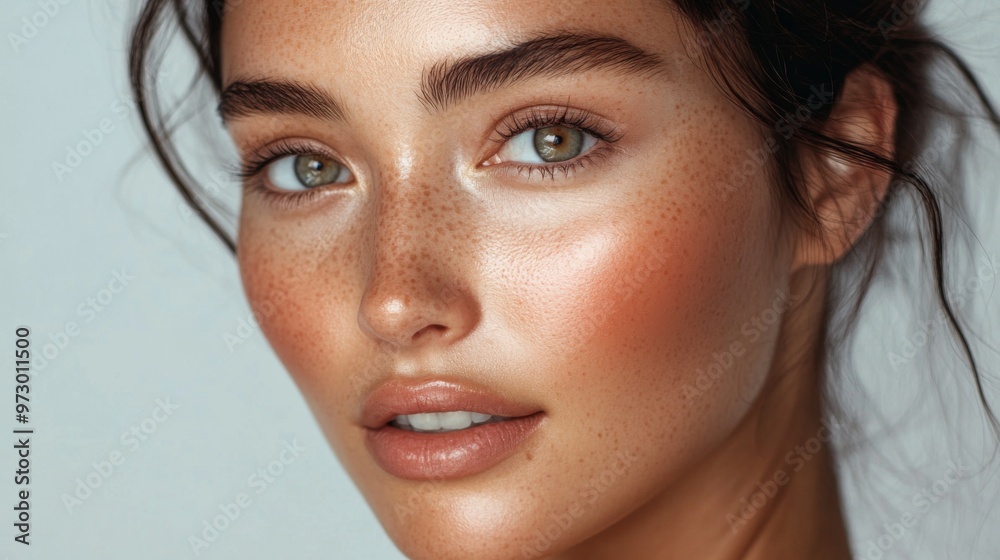 A close-up shot of a woman with radiant skin, soft features, and bright eyes, her natural beauty enhanced by subtle makeup and glowing with health. A close-up shot of a woman with radiant skin, soft features, and bright eyes, her natural beauty enhanced by subtle makeup and glowing with health.