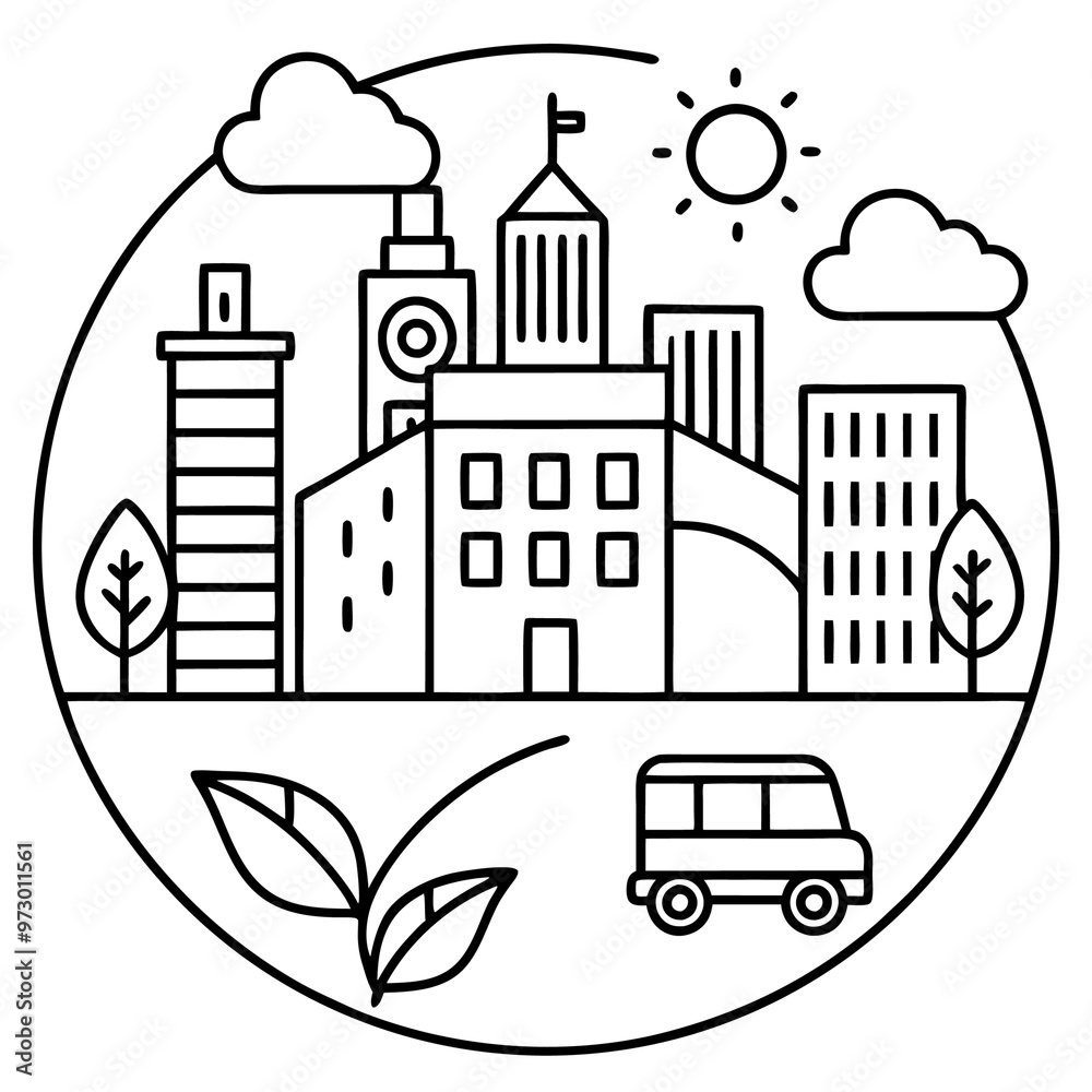 Naklejka premium eco city outline coloring book page line art drawing