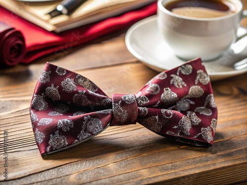 A rich burgundy bow tie with silver patterns lies elegantly across a formal desk, amidst scattered papers and empty coffee cups. photo