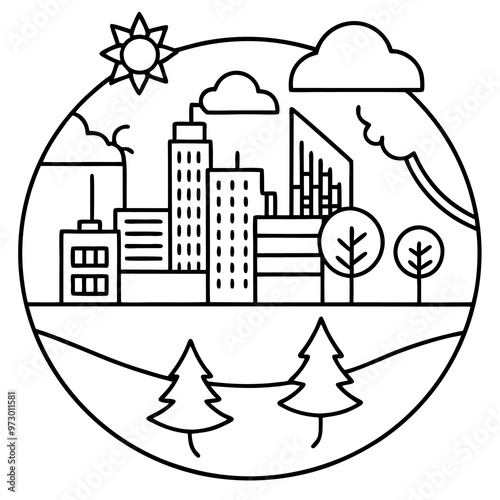 eco city outline coloring book page line art drawing photo