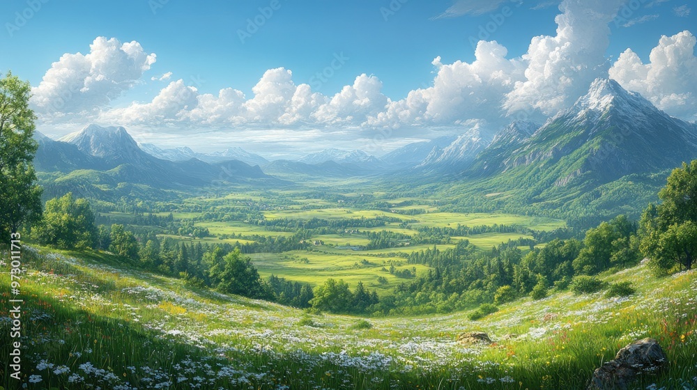 Fototapeta premium Serene landscape with mountains, valleys, and vibrant greenery.