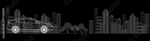 A quick wireframe representation of a car, with lines and shapes set against an urban background.