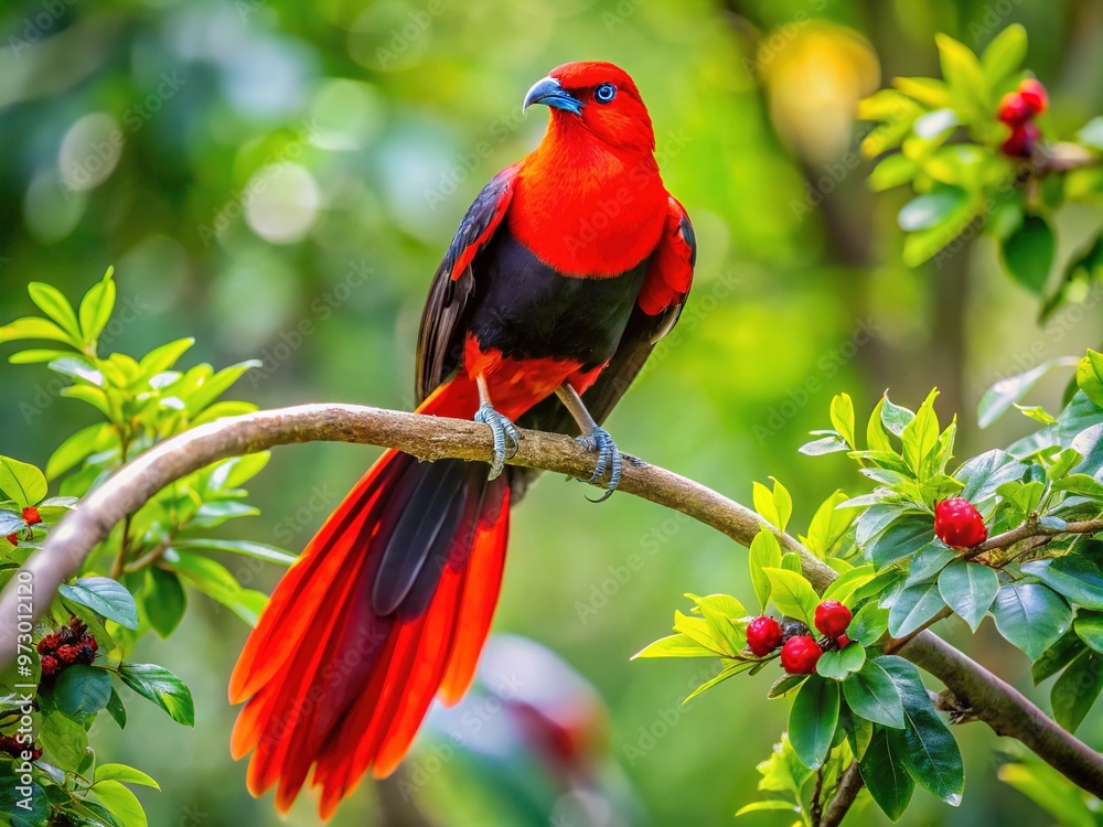A scarlet bird dwells on a branch, surrounded by verdant leaves, its black wings and tail adding depth to its radiant plumage in warm sunlight. A scarlet bird dwells on a branch, surrounded by verdant leaves, its black wings and tail adding depth to its radiant plumage in warm sunlight.