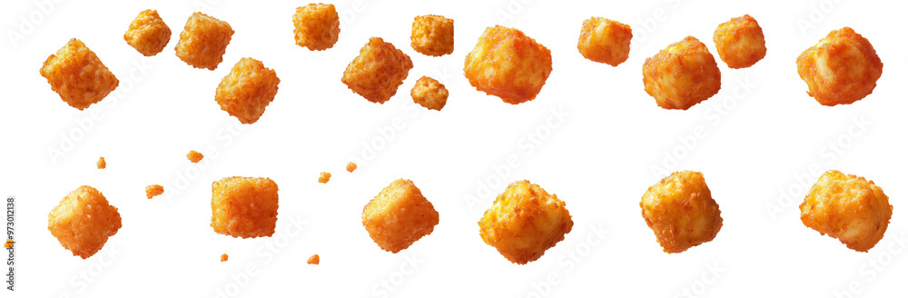 Crispy golden tater tots scattered on transparent background, perfect for snacks. Crispy golden tater tots scattered on transparent background, perfect for snacks.