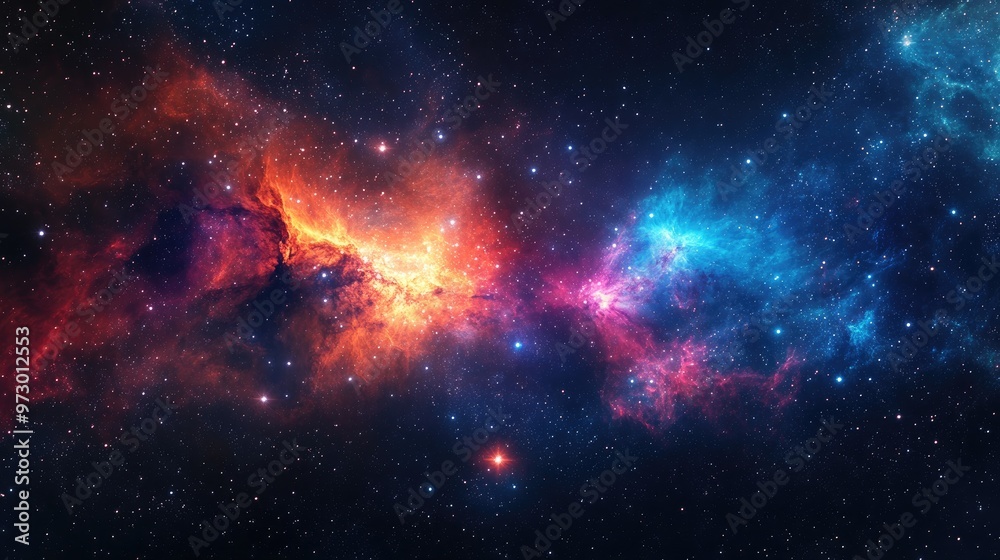 Fototapeta premium A vibrant nebula in deep space with swirling clouds of red, orange, and blue gas and dust, illuminated by distant stars.
