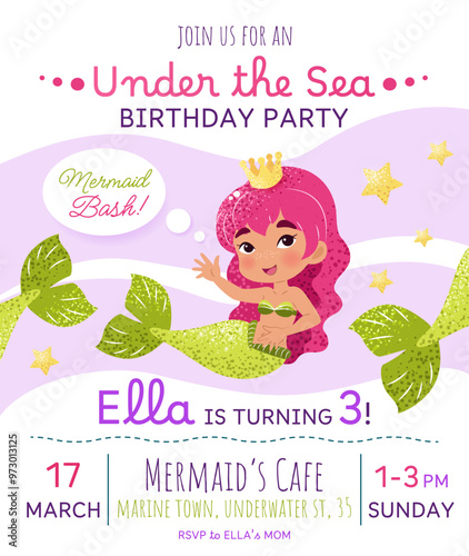 Mermaid birthday party invitation card. Vertical template with a mermaid princess and text for a kids' party. Happy birthday and underwater concept. Celebrating a third anniversary.