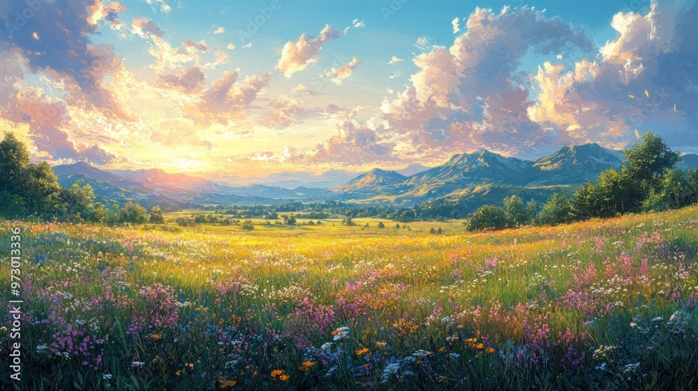 Fototapeta premium Vibrant meadow landscape with mountains and colorful flowers at sunset.