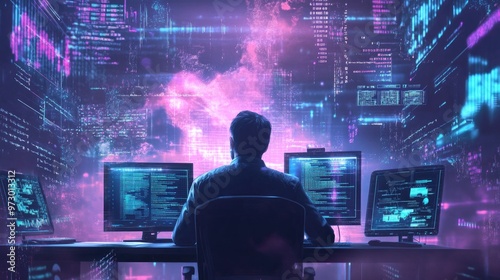 Cybersecurity specialist analyzing network security remotely, with data streams and cloud computing elements surrounding him