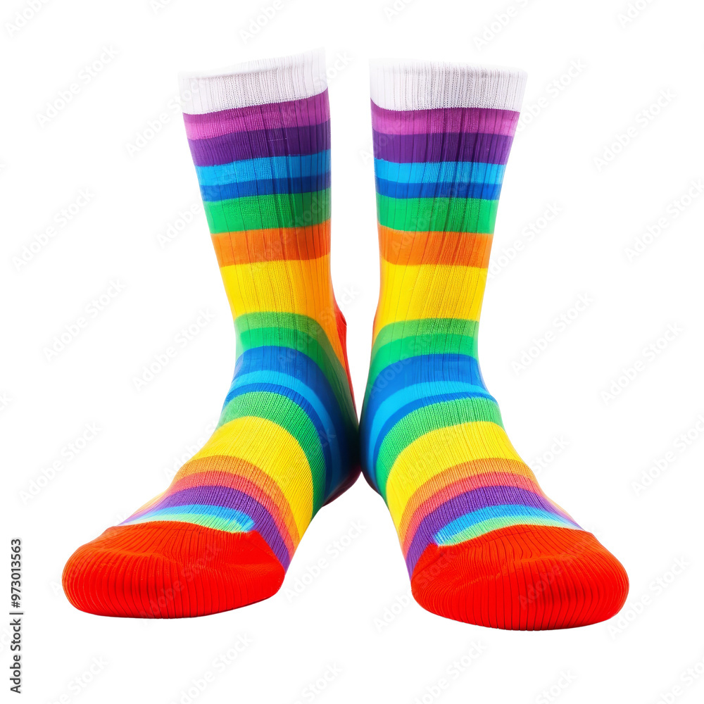 Colorful Striped Socks Displaying Vibrant Rainbow Pattern Design. Colorful Striped Socks Displaying Vibrant Rainbow Pattern Design.
