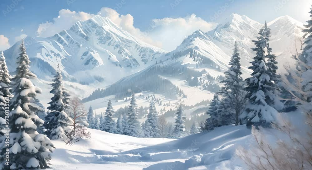 Snow-Covered Mountain Peaks and Pine Trees in a Winter Wonderland Snow-Covered Mountain Peaks and Pine Trees in a Winter Wonderland