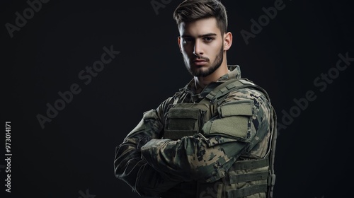 Confident Southern European Male Soldier in Camouflage Uniform with Arms Crossed for Military Recruitment, Concept of Strength and Unity