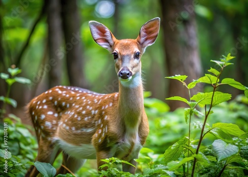 A small, gentle-looking deer with large eyes and a white-spotted coat quietly navigates dense forest underbrush with its long tail softly bobbing.